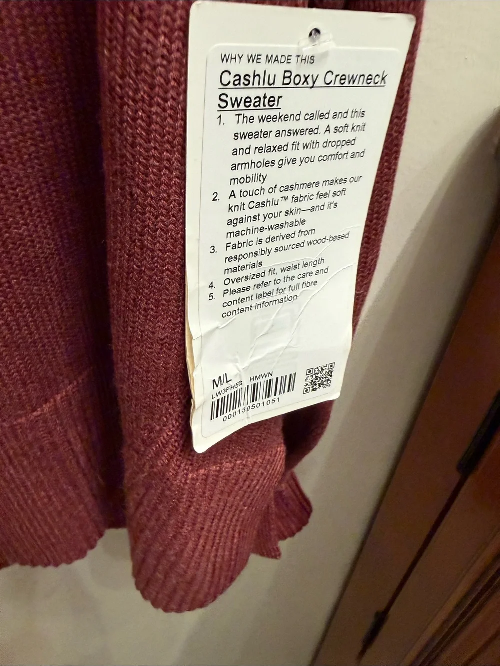 NWT Lululemon Size M/L Cashlu Boxy Crewneck Sweater Mulled wine
